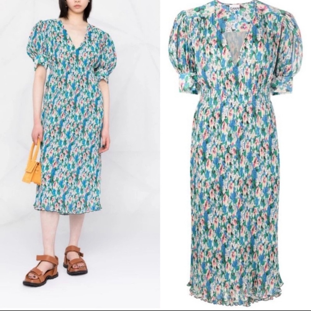 Ganni Midi Dress Georgette Pleated Floral Azul Blue Puff Sleeve Size 40/L Spring